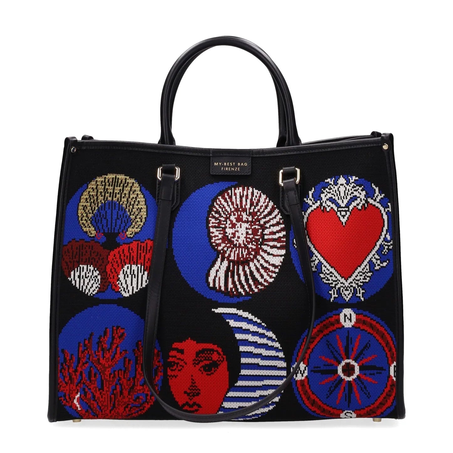 Black handbag with colorful embroidered designs on a white background