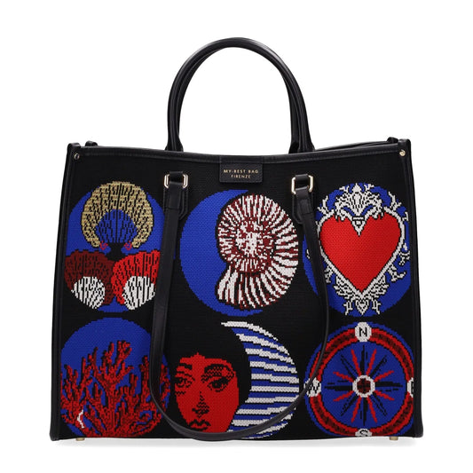 Black handbag with colorful embroidered designs on a white background