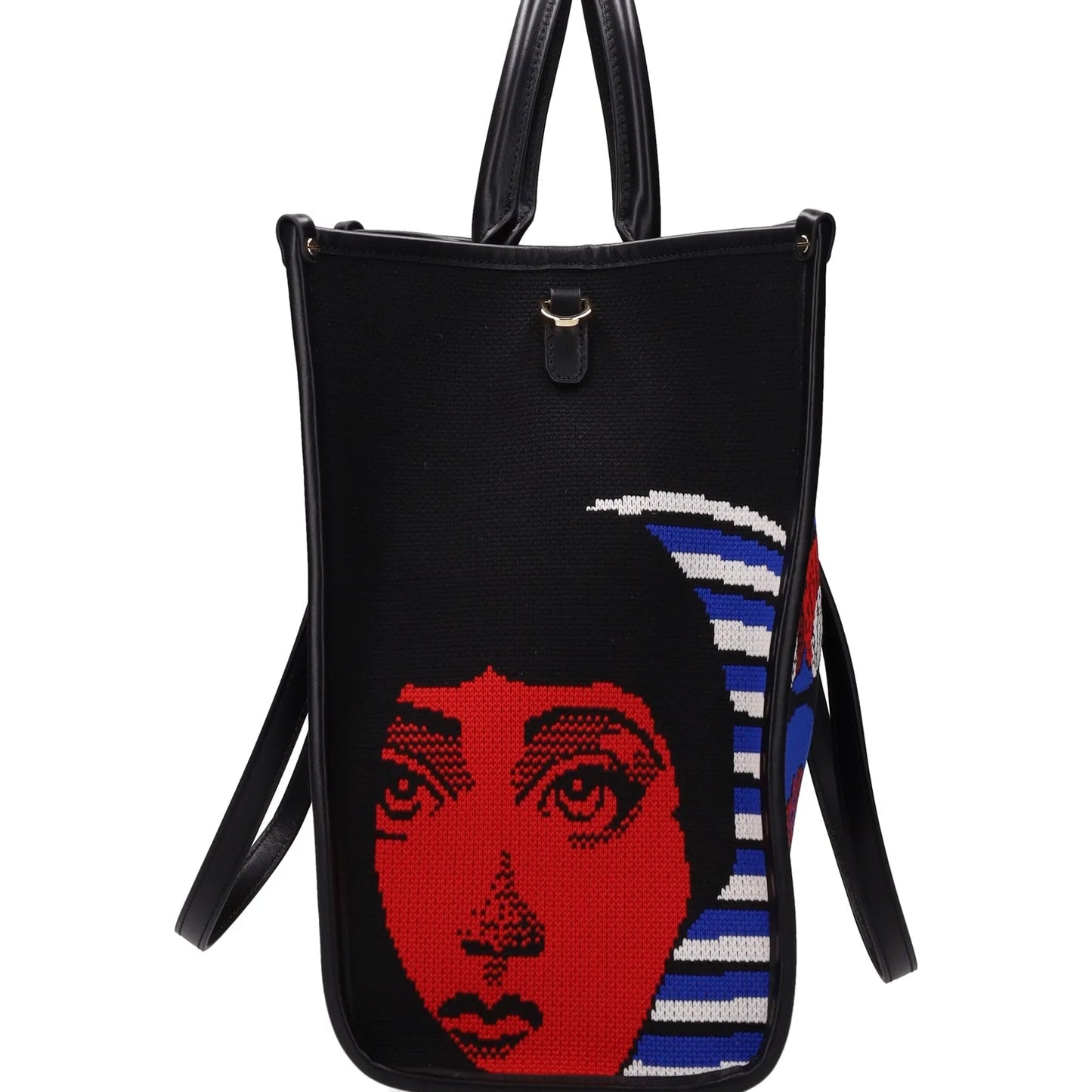 Black backpack with a face design and colorful stripes on a white background