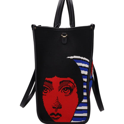 Black backpack with a face design and colorful stripes on a white background