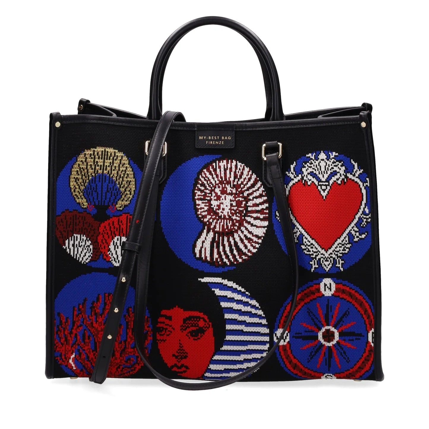 Black handbag with colorful embroidered designs on a white background