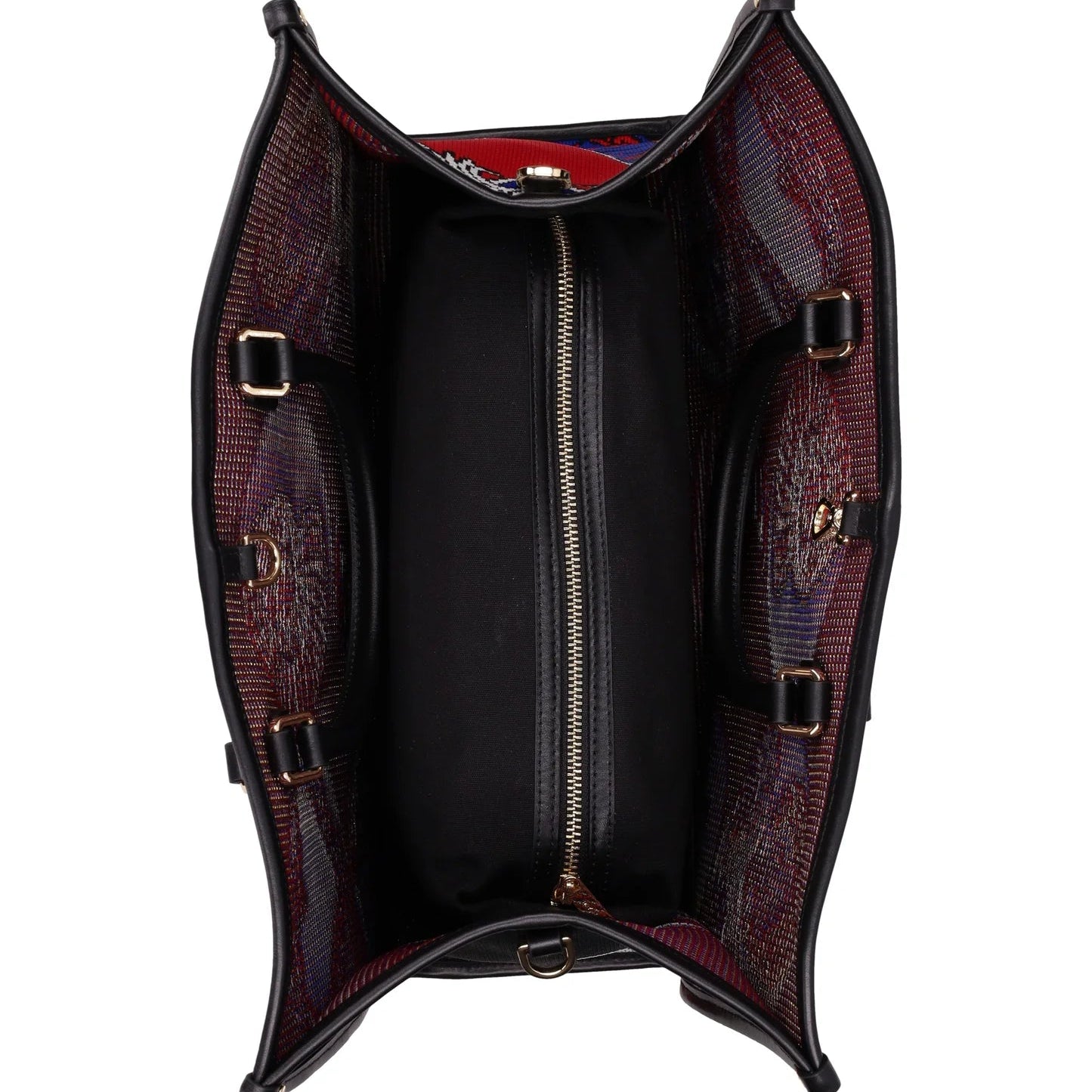 Open leather bag with intricate design on a white background