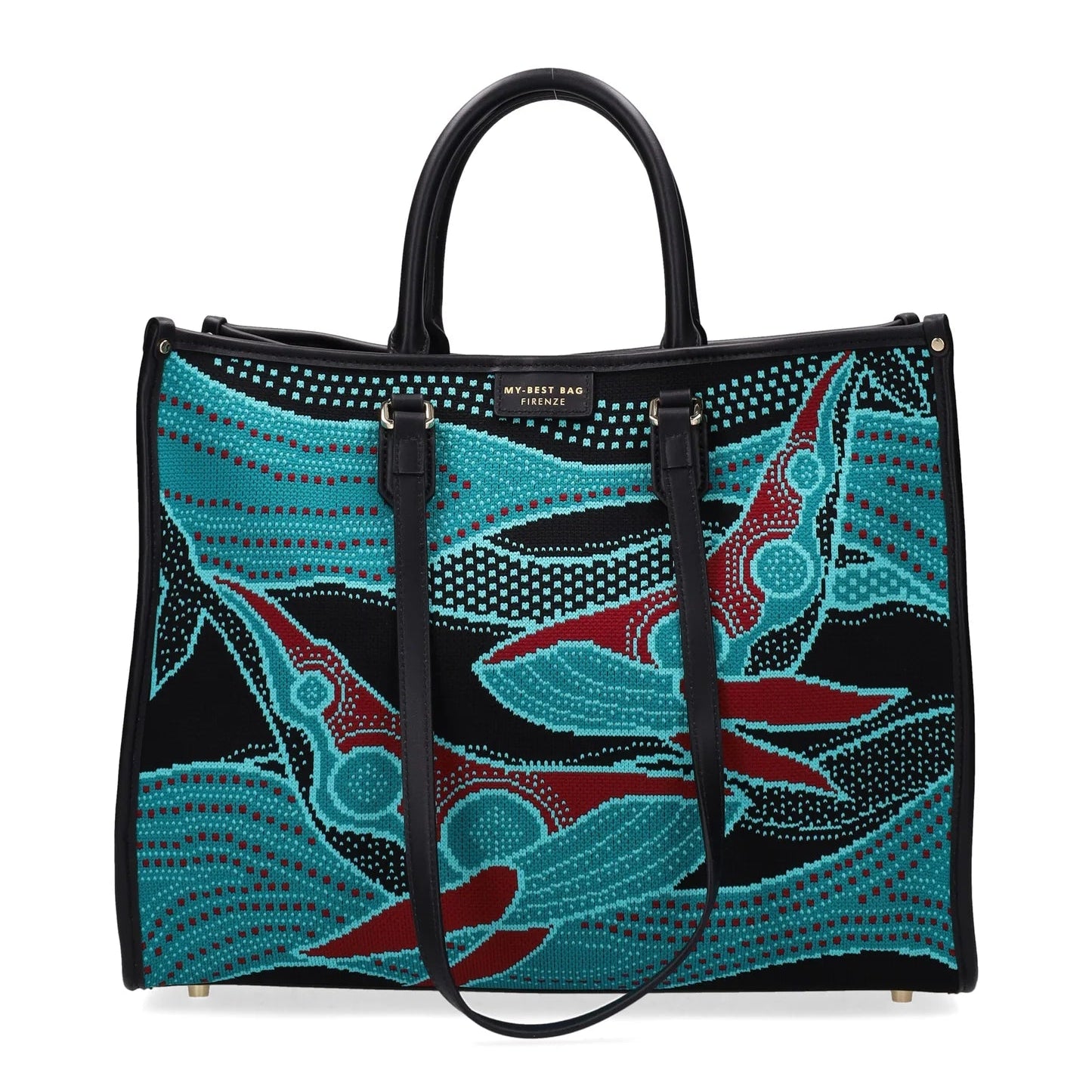 Tote bag with a colorful abstract design on a white background
