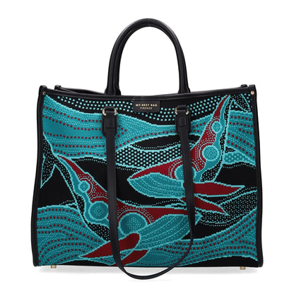 Tote bag with a colorful abstract design on a white background