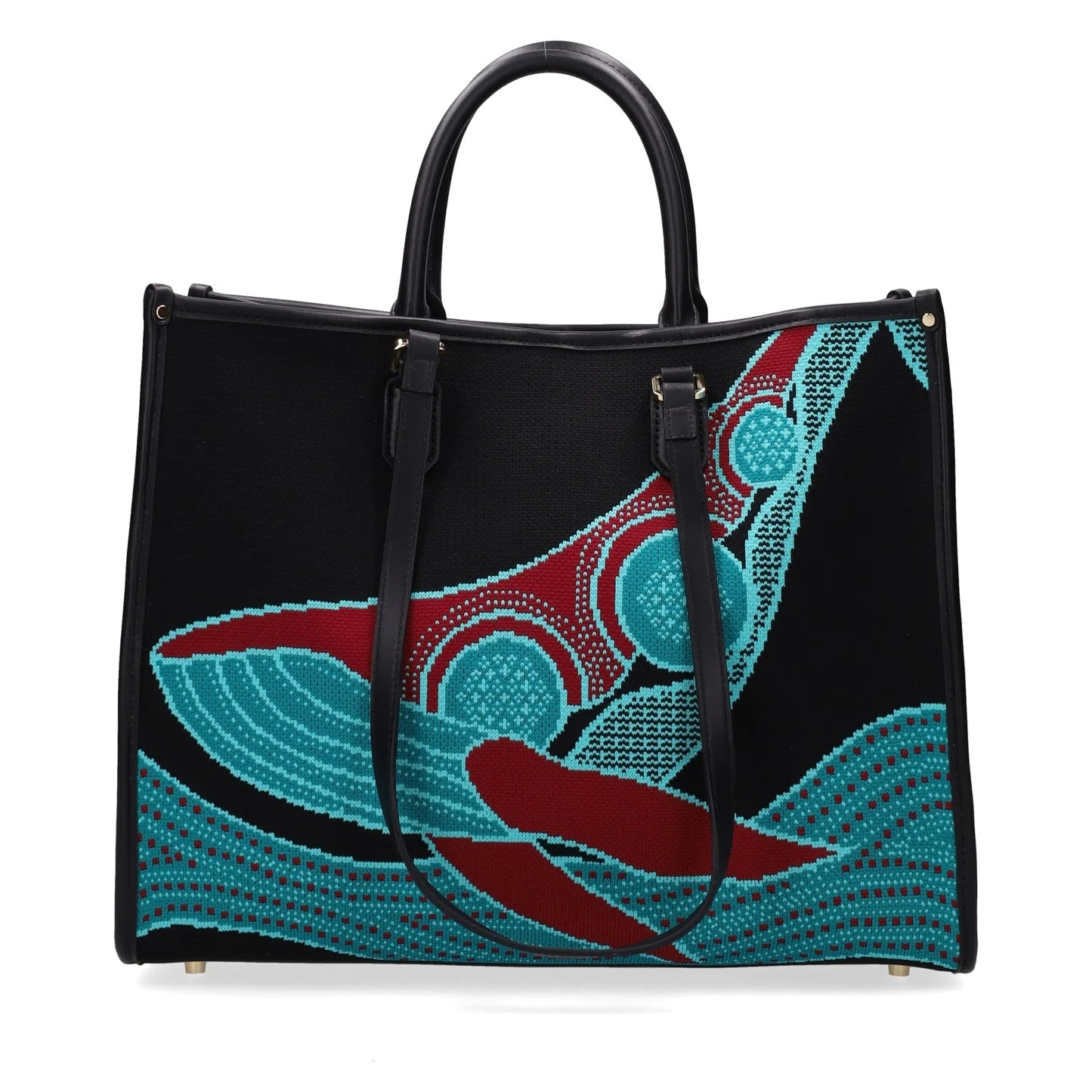 Black handbag with blue and red abstract design on a white background
