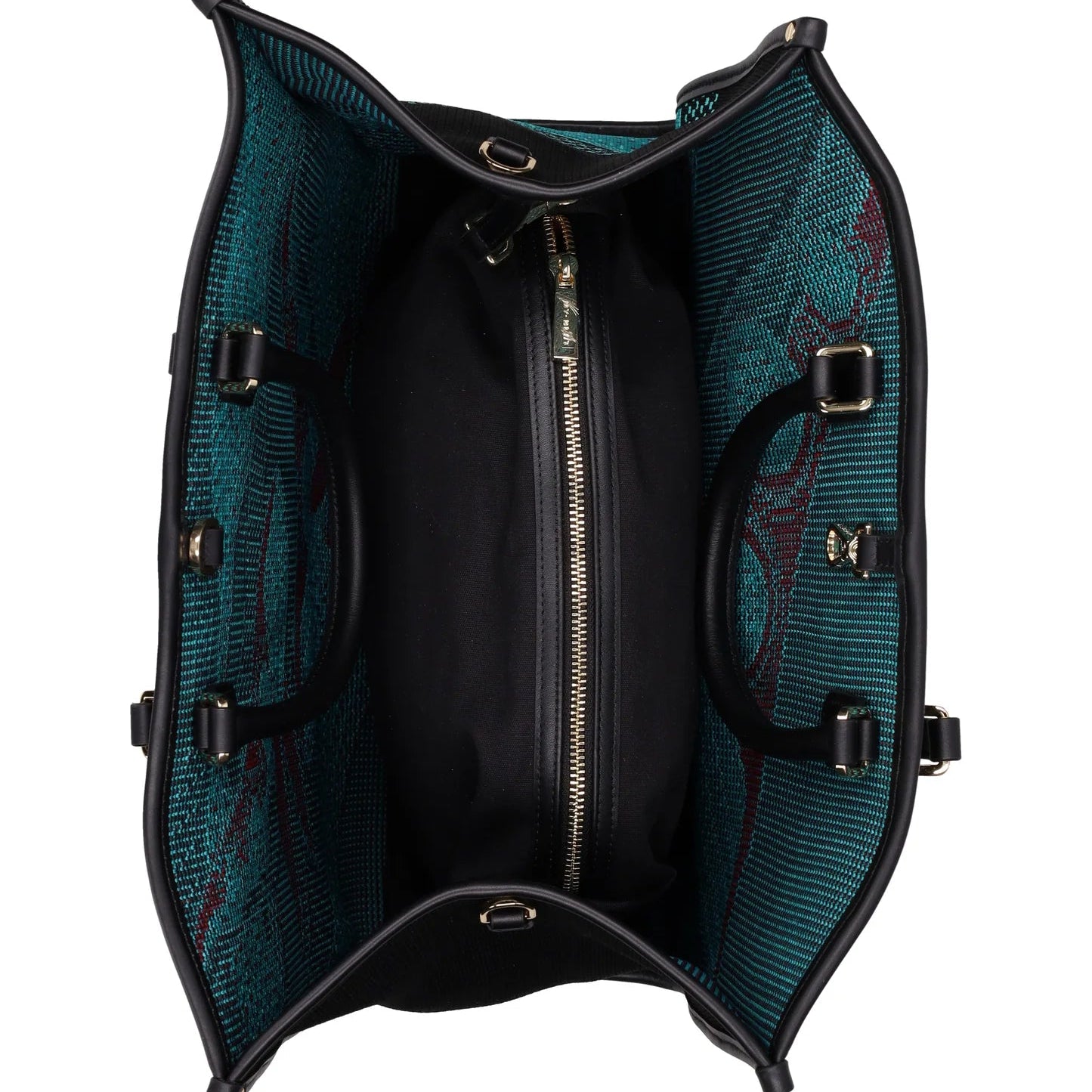 Black handbag with teal patterned interior on a white background