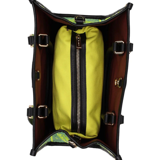 Brown leather bag with a yellow interior section on a white background