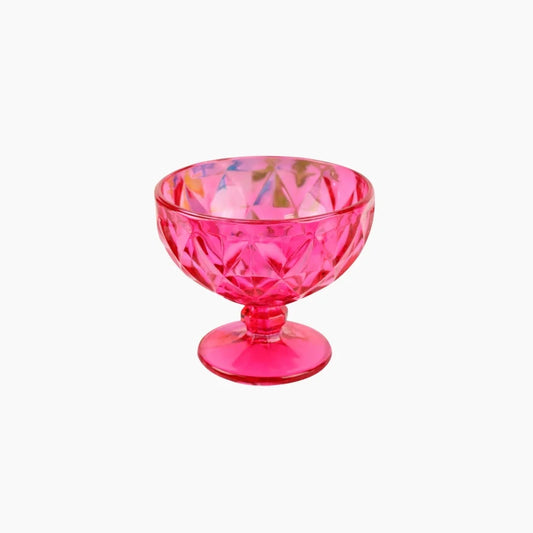 Pink glass dessert bowl with a white background