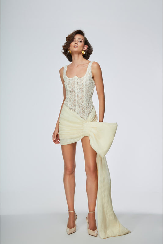 Woman wearing a light green lace dress with a large bow on a white background