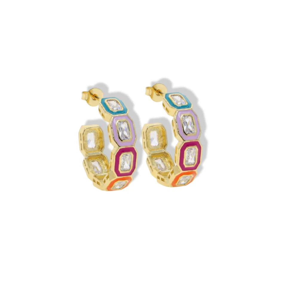 Pair of gold hoop earrings with colorful accents on a white background