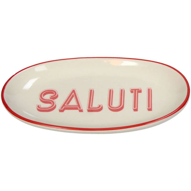 White plate with red rim and 'SALUTI' text on a white background