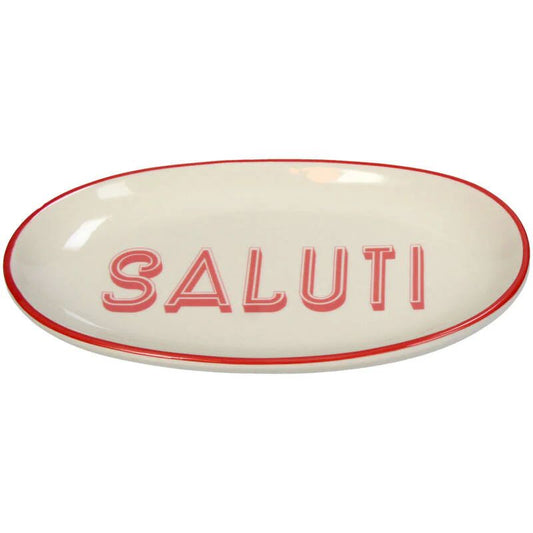 White plate with red rim and 'SALUTI' text on a white background
