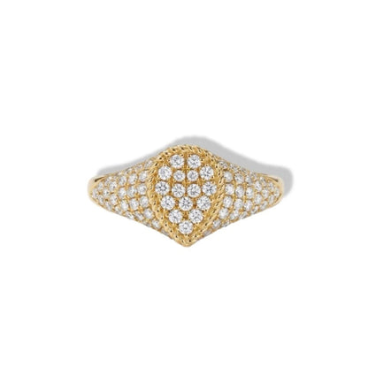 Gold ring with heart-shaped diamond design on a white background