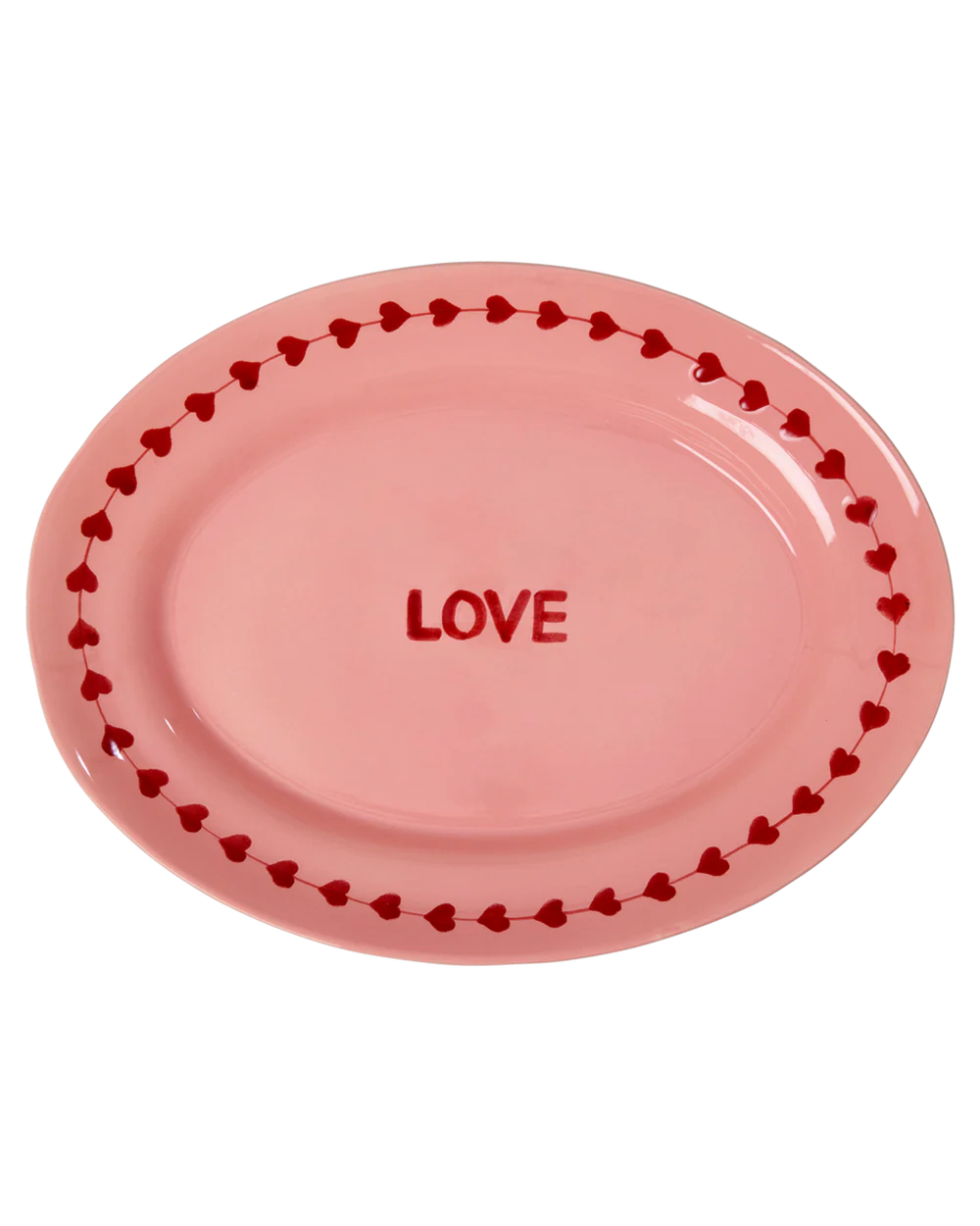 Pink plate with 'LOVE' text and heart border on a white background