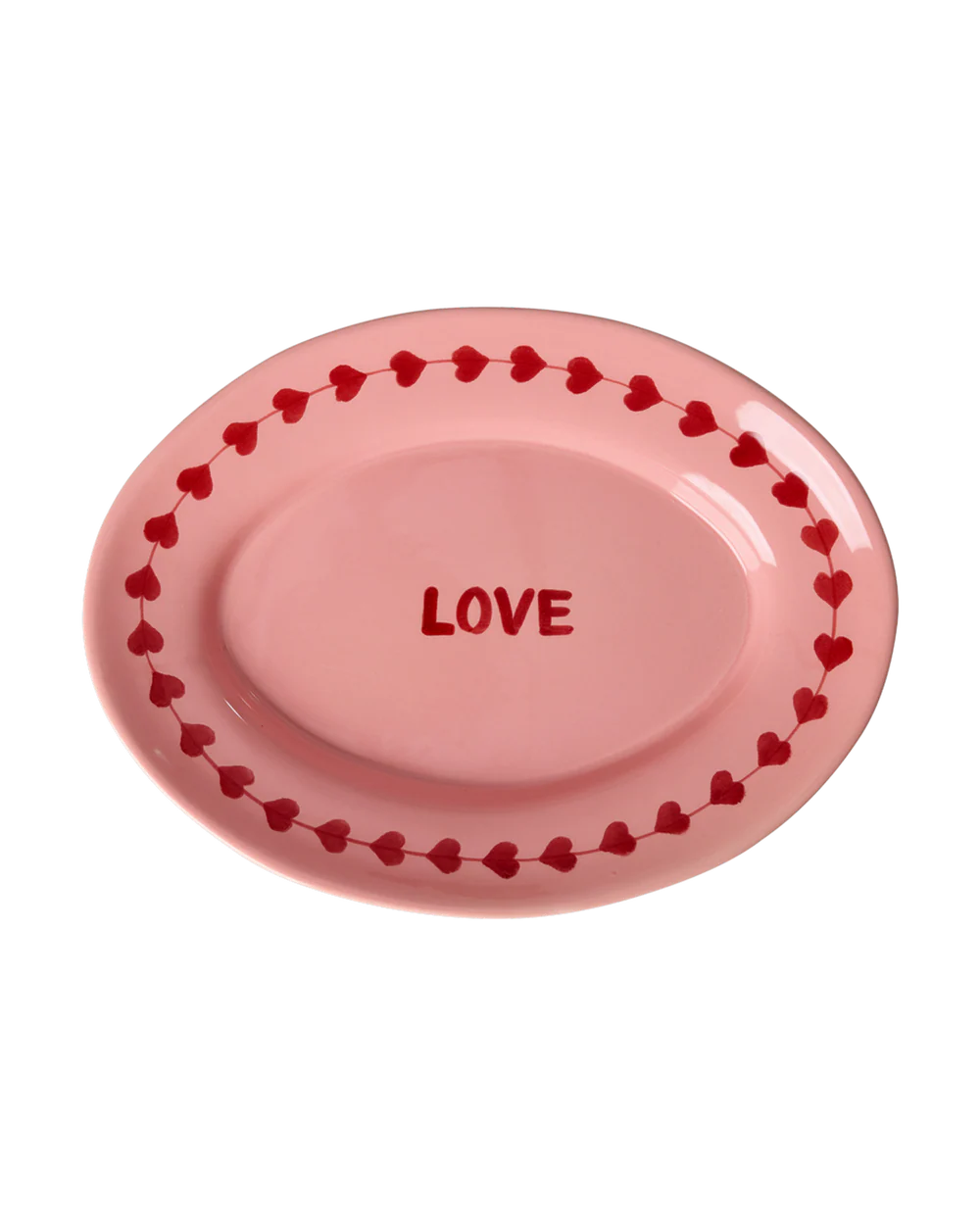 Pink oval plate with 'LOVE' text and heart border on a white background