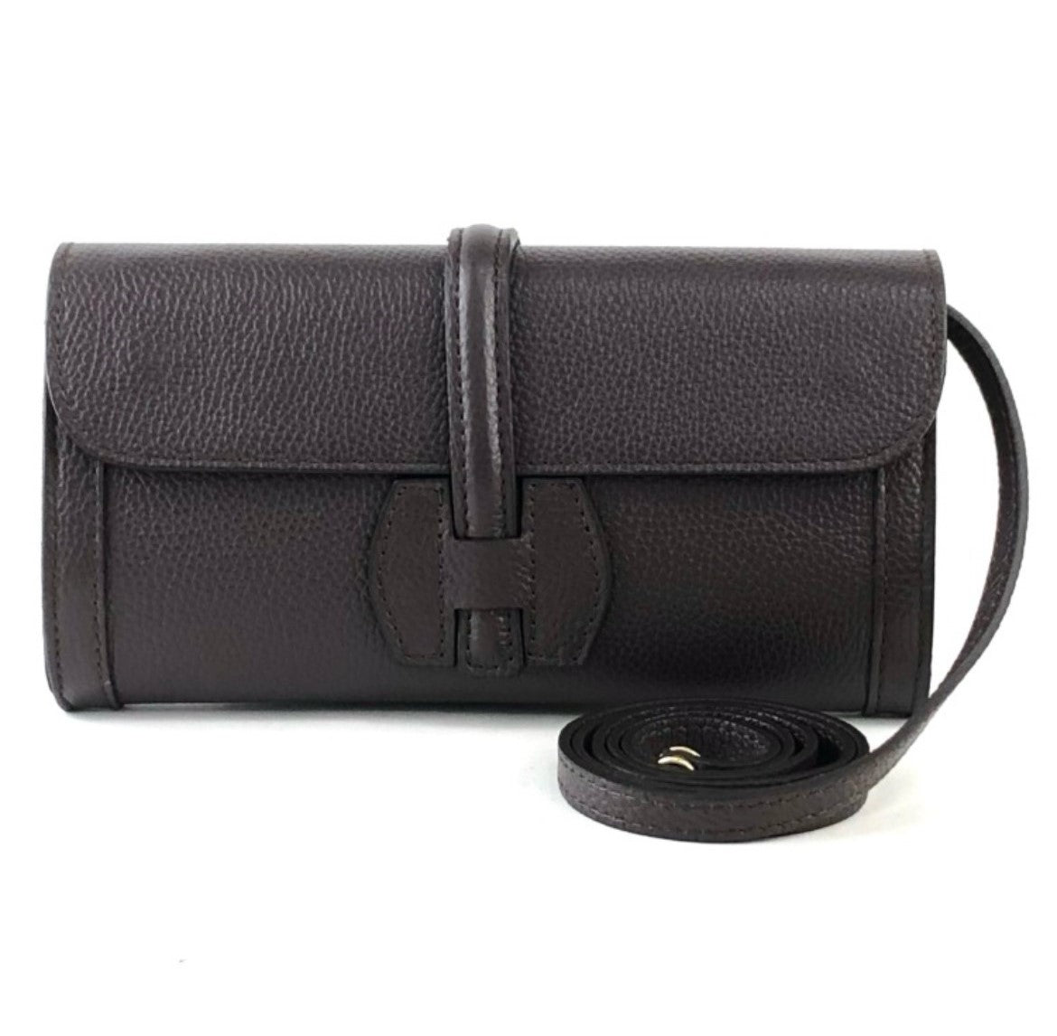 Black leather handbag with a strap on a white background