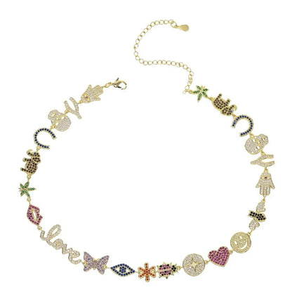 Necklace with various charms including letters, numbers, and symbols on a white background