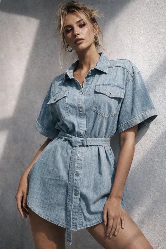 Woman wearing a denim dress against a neutral background