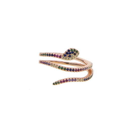 Snake-shaped ring with multicolored gemstones on a white background